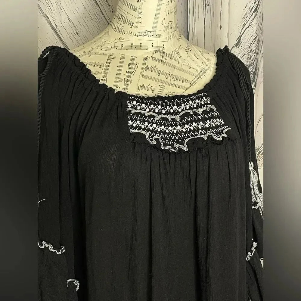 Free People Black Santiago Embroidered Floral Cotton Mini Dress Size S